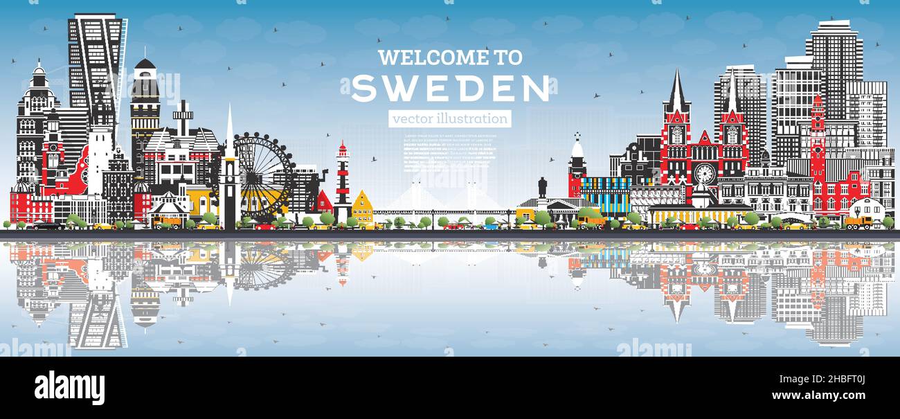 Benvenuti in Svezia. Skyline della città con edifici grigi, cielo blu e riflessi. Illustrazione vettoriale. Architettura storica. Paesaggio urbano della Svezia . Illustrazione Vettoriale