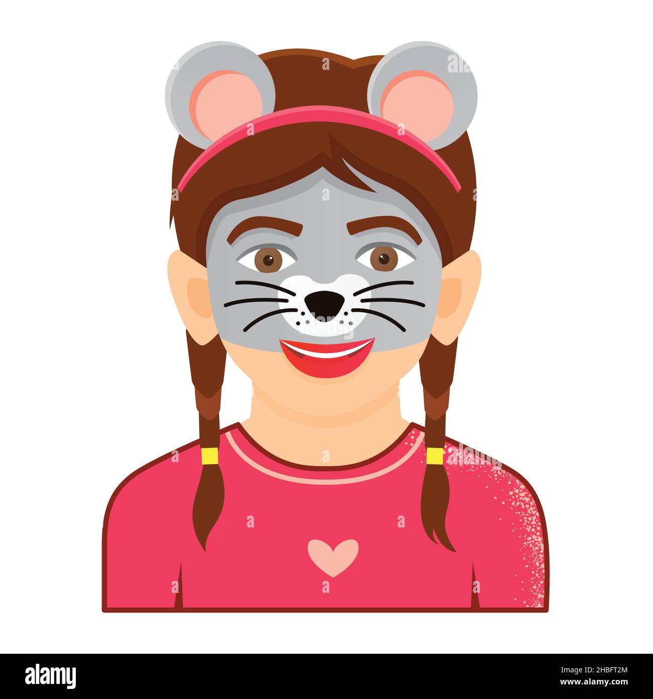 Ritratto di Face Painting di Funny Girl su sfondo bianco. Icona con il carattere del mouse. Illustrazione vettoriale. Illustrazione Vettoriale