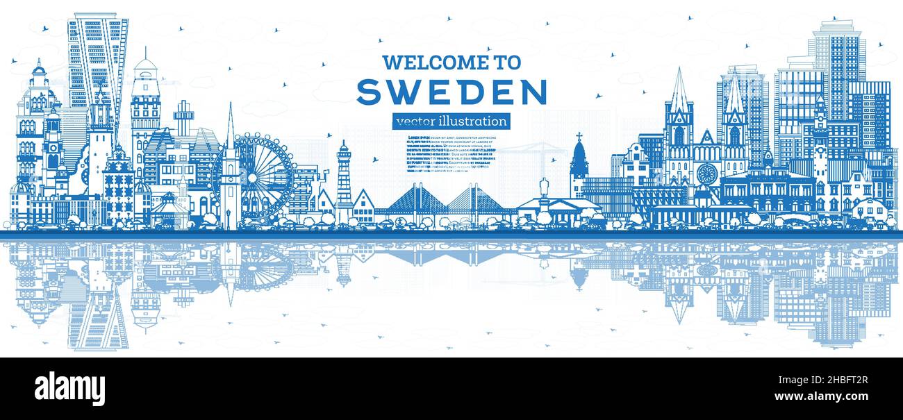Benvenuti in Svezia. Delineate lo skyline della città con edifici blu e riflessi. Illustrazione vettoriale. Architettura storica. Paesaggio urbano della Svezia. Illustrazione Vettoriale