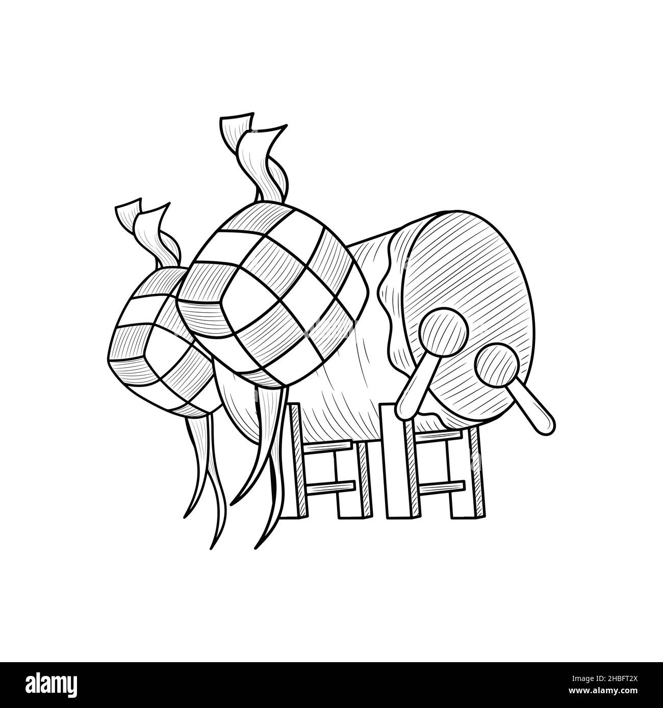 Ketupat con bedug, Islamic Eid Mubarak vettore icona Illustrazione con disegno a mano stile Illustrazione Vettoriale