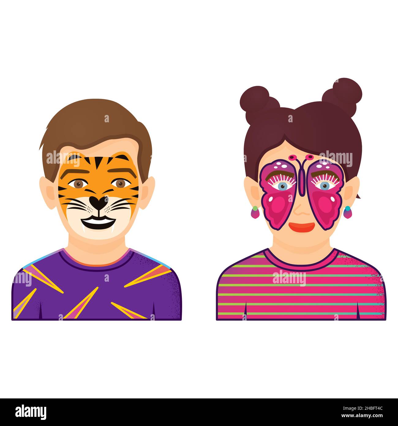 Icone di disegno faccia. Ragazzo e ragazza con Tiger e Butterfly Painting isolato su sfondo bianco. Illustrazione vettoriale. Collezione Kids Faces. Illustrazione Vettoriale