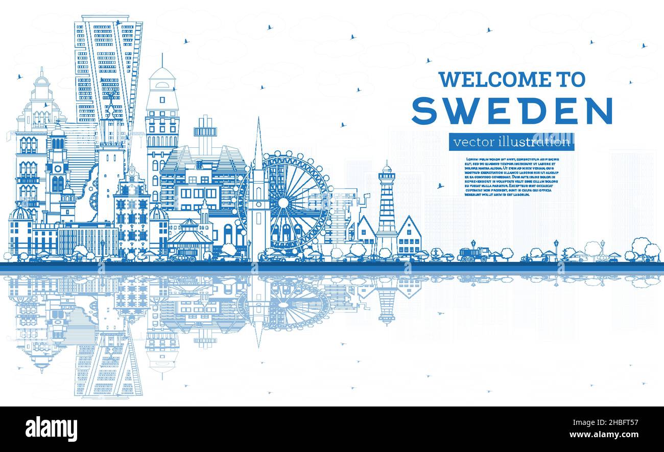 Benvenuti in Svezia. Delineate lo skyline della città con edifici blu e riflessi. Illustrazione vettoriale. Architettura storica. Paesaggio urbano della Svezia . Illustrazione Vettoriale