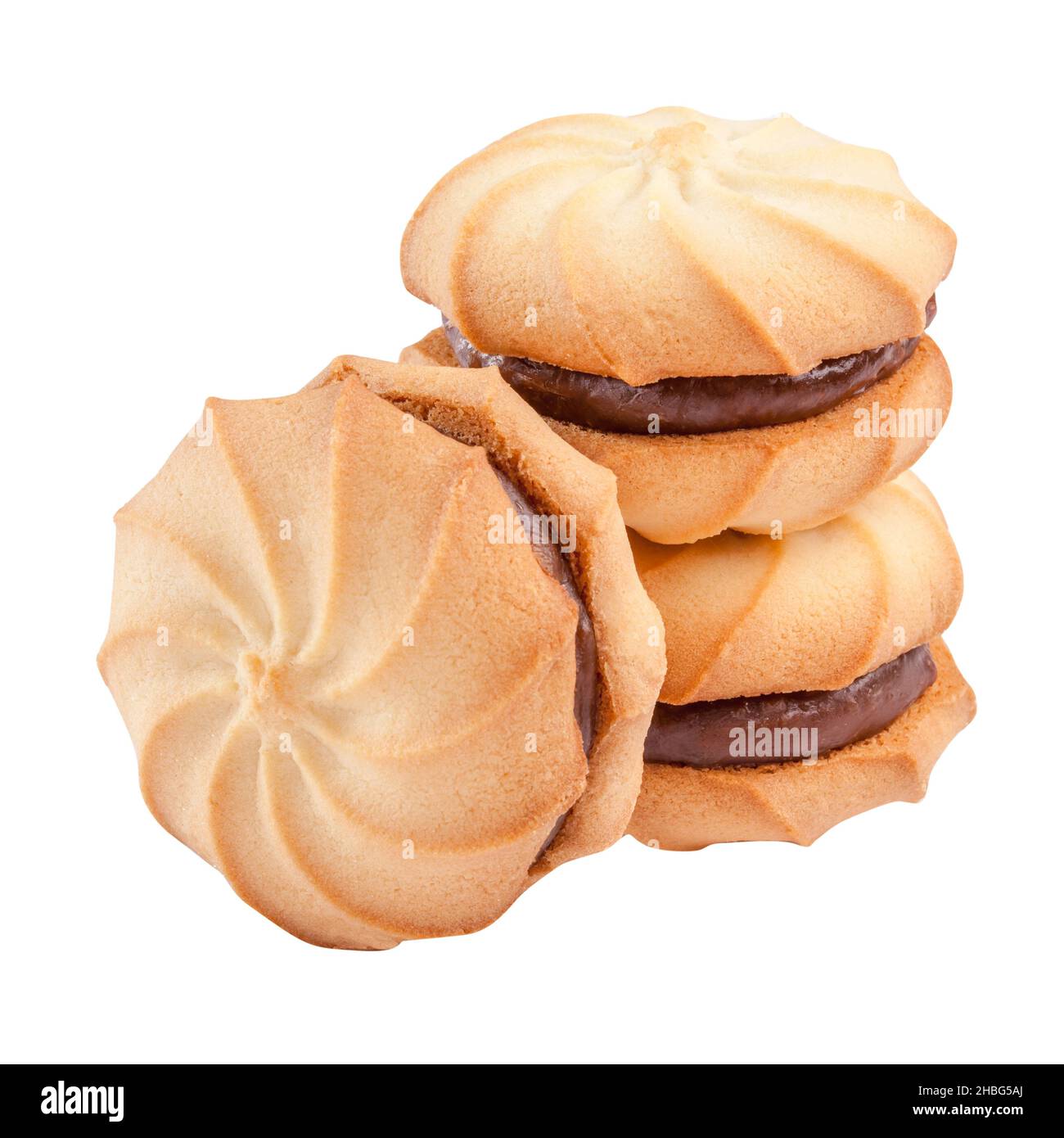 Lo shortbread irde biscotti con ripieno di cioccolato isolato su sfondo bianco Foto Stock