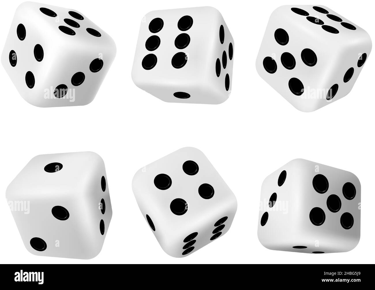 Dadi di rotolamento realistici 3D per i giochi di gioco d'azzardo del casinò. Cubi bianchi con punti. La caduta di poker muore per scelta casuale in craps. Set di vettori dice Illustrazione Vettoriale