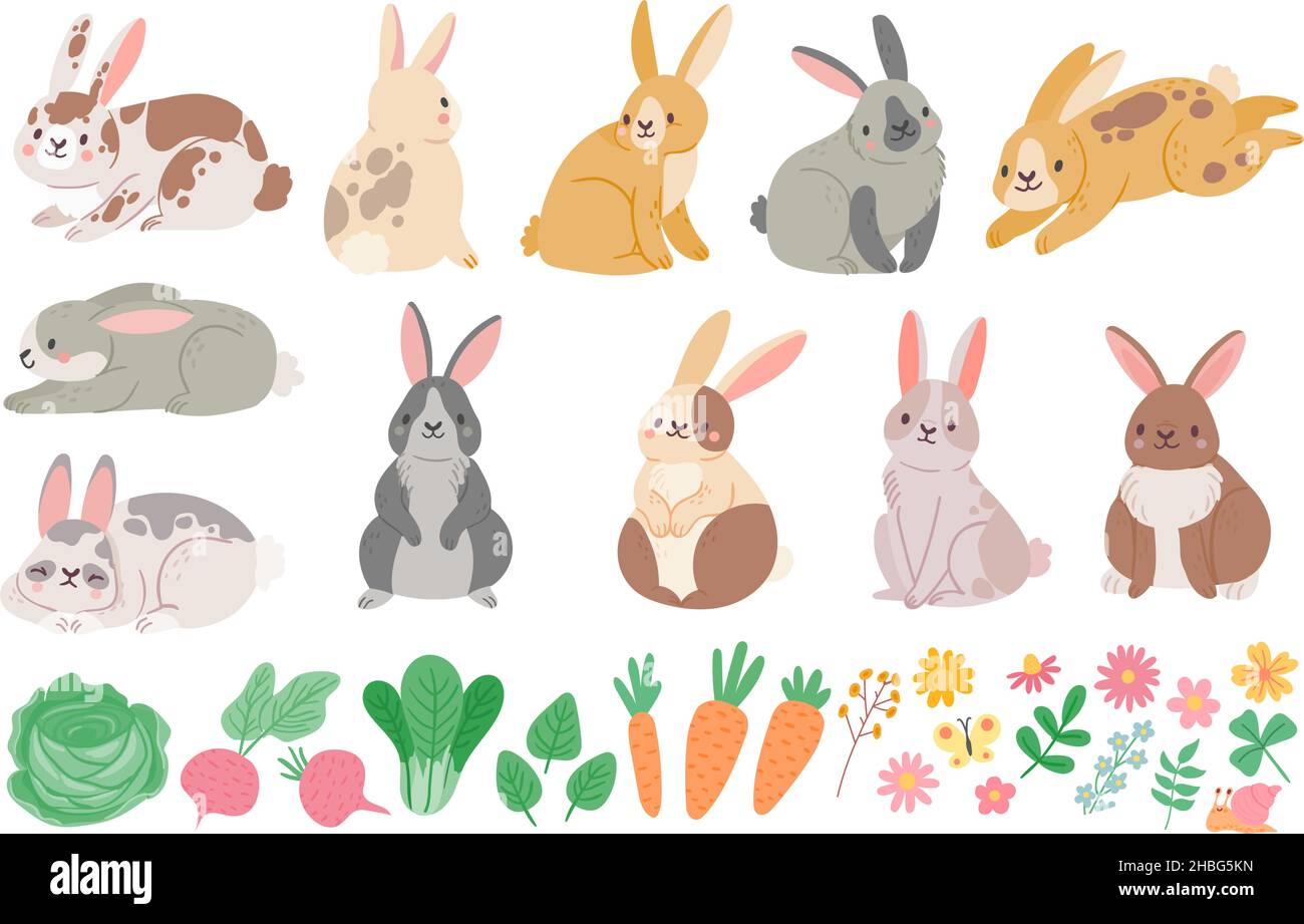 Cartone animato carino conigli di primavera, lepri, fiori e verdure. Bunny personaggio che salta, si siede e dorme. Set di vettori di coniglio marrone e bianco Illustrazione Vettoriale