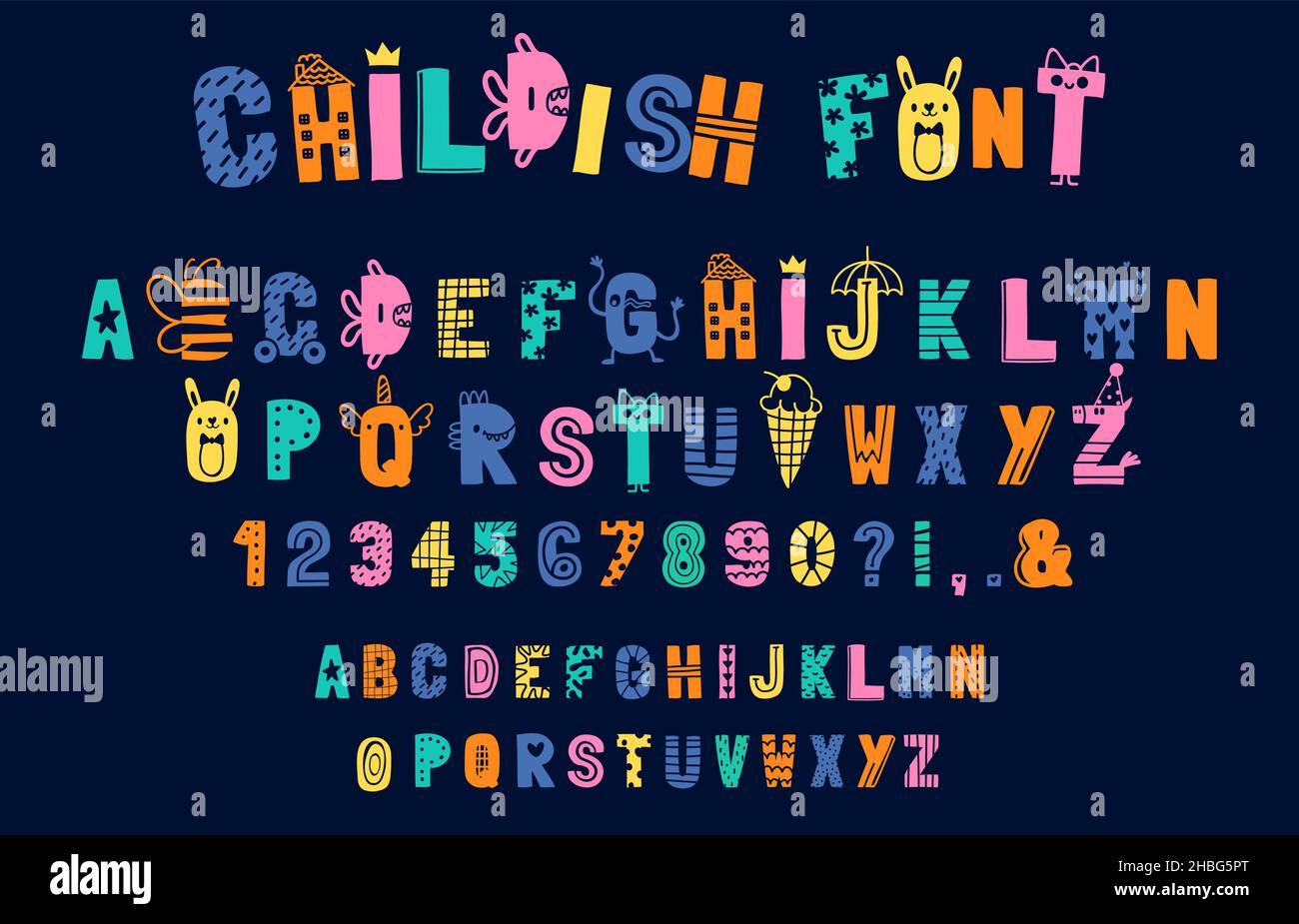 Divertente alfabeto infantile, scarabocchio carattere creativo per i bambini. Lettere e numeri abc inglesi giocosi. Tipografia in set vettoriale in stile scandinavo Illustrazione Vettoriale