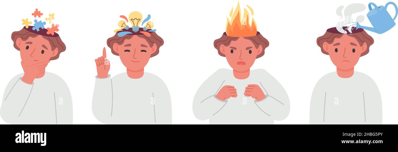 Fasi di lavoro, pensiero creativo, stress e problema di burnout. Lavoratore sotto pressione con testa sul fuoco. Concetto vettoriale dipendente mentalmente esaurito Illustrazione Vettoriale