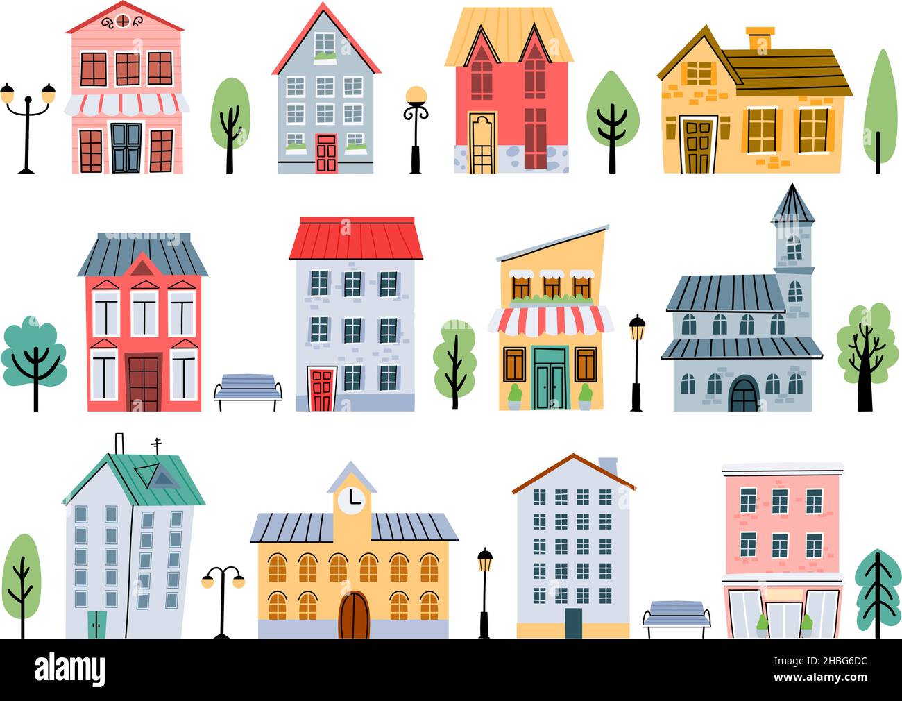 Cartoon Town Street edifici, case, negozi, alberi e torcia per bambini. Elementi di architettura urbana carina. Set di vettori per la casa della città infantile Illustrazione Vettoriale