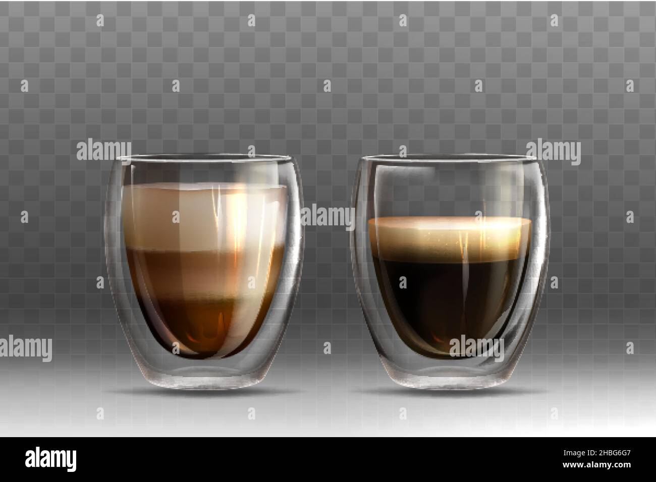 Realistico set di illustrazione vettoriale di caffè caldo in tazze di vetro  con doppia parete su sfondo grigio. Bevanda americana e cappuccino con  schiuma di latte. Modello di mockup per branding o