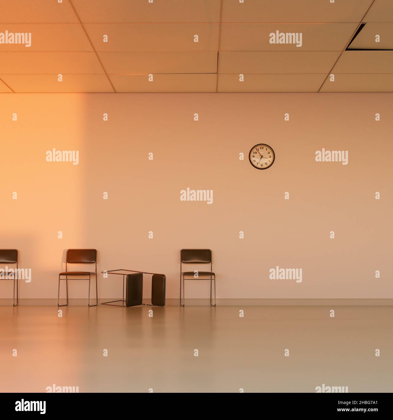 Camera vuota o ufficio con sedie. Sala d'attesa. Sfondo surreale con spazio di copia. illustrazione 3d, rendering 3d. Foto Stock