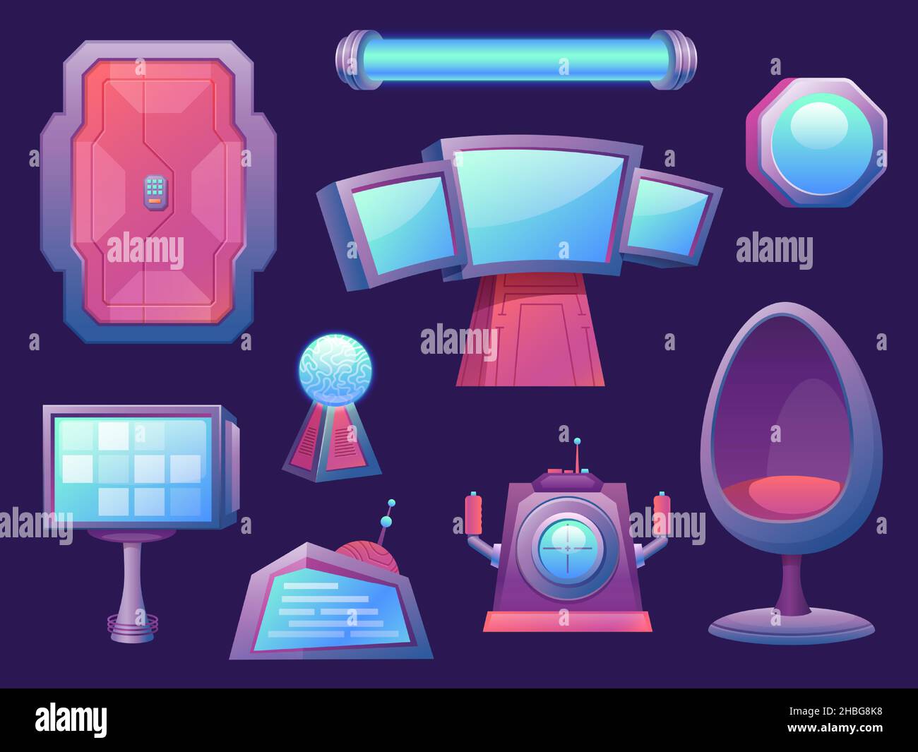 Cartoon futuristico alieno spazio nave elementi interni. Cabina di pilotaggio e schermo, sedia e porta. Attrezzatura di razzo, set vettoriale di gioco Illustrazione Vettoriale