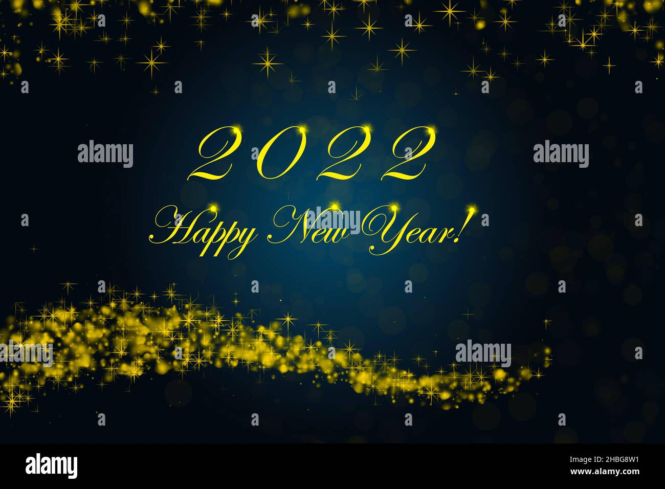 Felice anno nuovo 2022. Numeri brillanti anno 2022 con stelle e bokeh su sfondo blu. Foto Stock