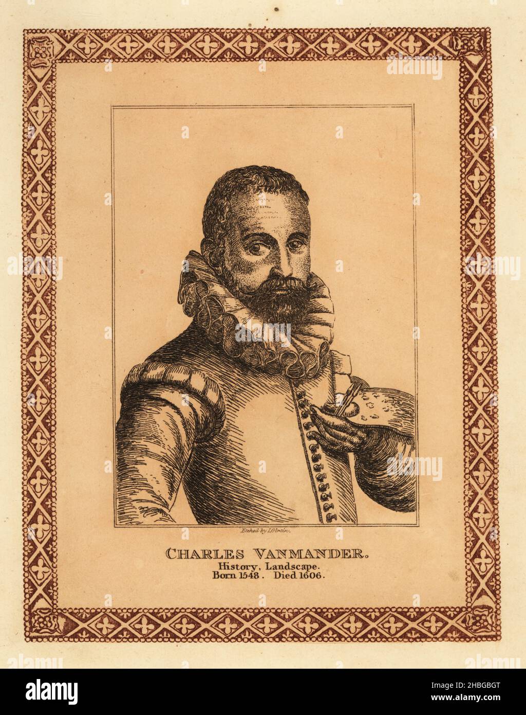 Ritratto di Karel van Mander i, 1548-1606, pittore olandese, retorista e storico dell'arte olandese, autore dello Schilderboeck del 1604. In doppietto con ruff, tenendo un pennello e palette. Charles Vanmander, storia, pittore paesaggistico. Incisione colorata entro un bordo decorativo di John Girtin dei settantacinque ritratti di celebri pittori di originali autentici di John Girtin, J. M’Creery, Londra, 1817. Foto Stock