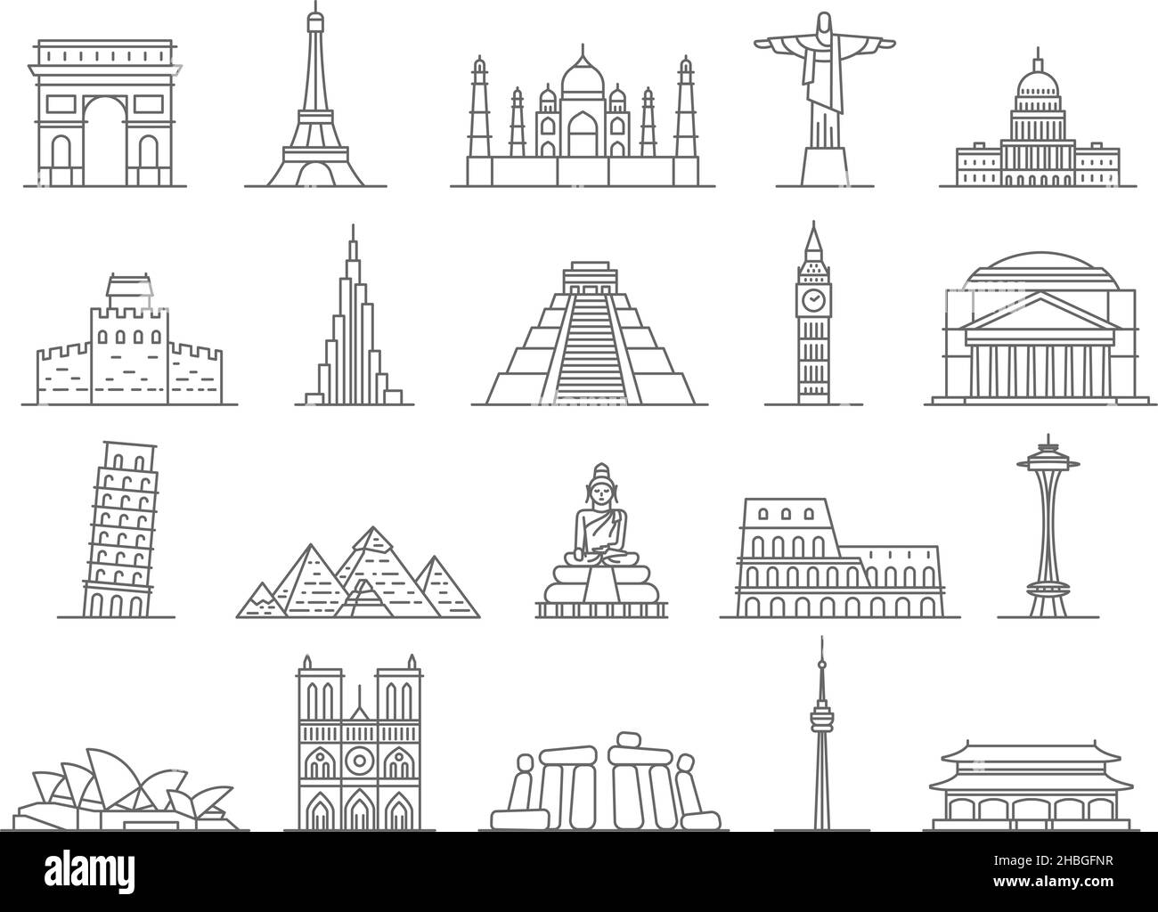 Icone delle linee di riferimento del mondo, Big ben, Torre eiffel e piramidi. Monumenti famosi in Europa, italia, francia e inghilterra luoghi di viaggio vettore set Illustrazione Vettoriale