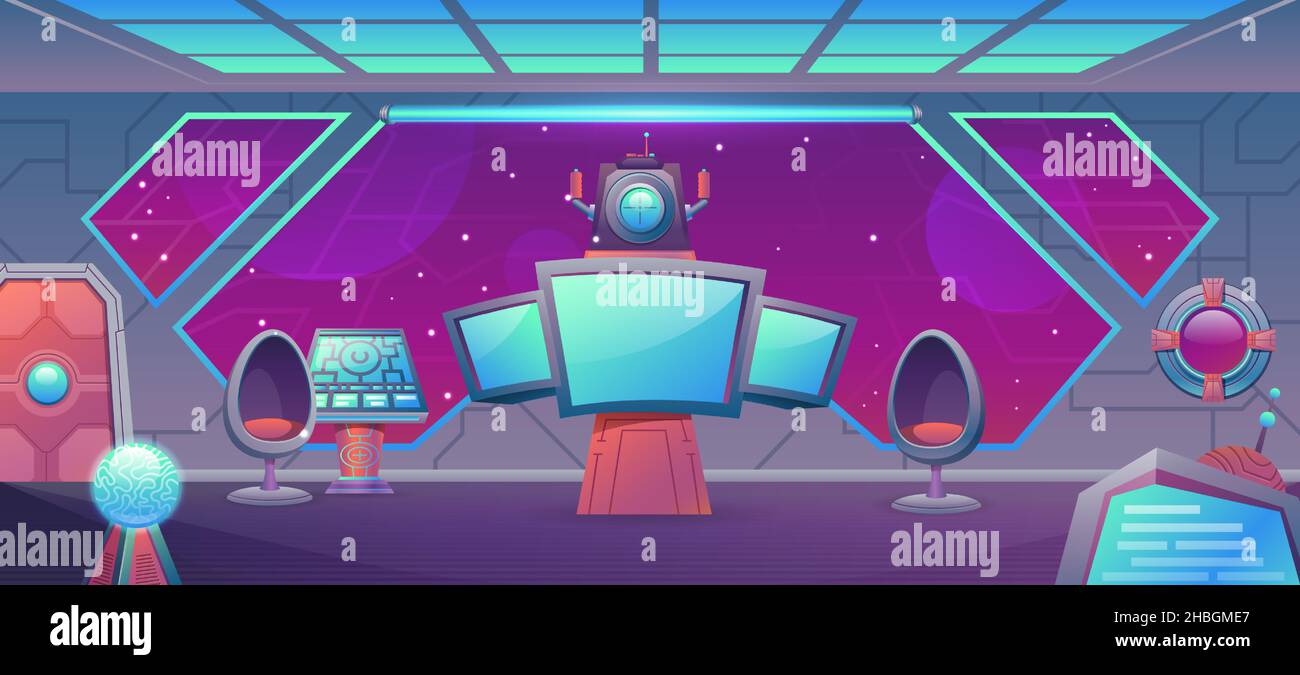 Interno della sala centrale della navicella spaziale Cartoon con monitor e pannello di controllo. Futuristico cosmico nave aliena cockpit per video gioco vettore sfondo Illustrazione Vettoriale