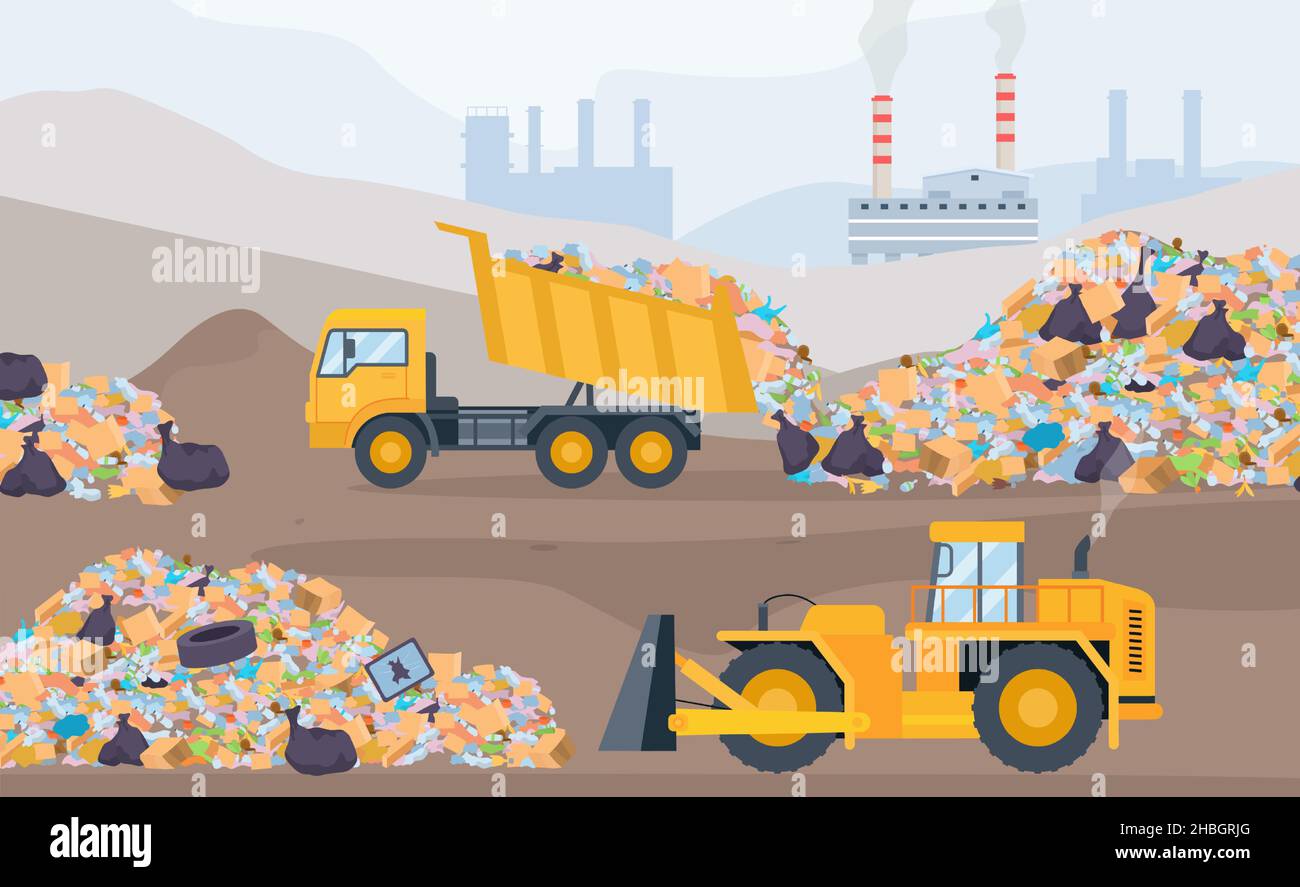 Paesaggio di discarica con cumuli di rifiuti, bulldozer e camion rifiuti. Processo di riciclaggio dei rifiuti e di inquinamento della plastica. Concetto di vettore di Garbage dump Illustrazione Vettoriale