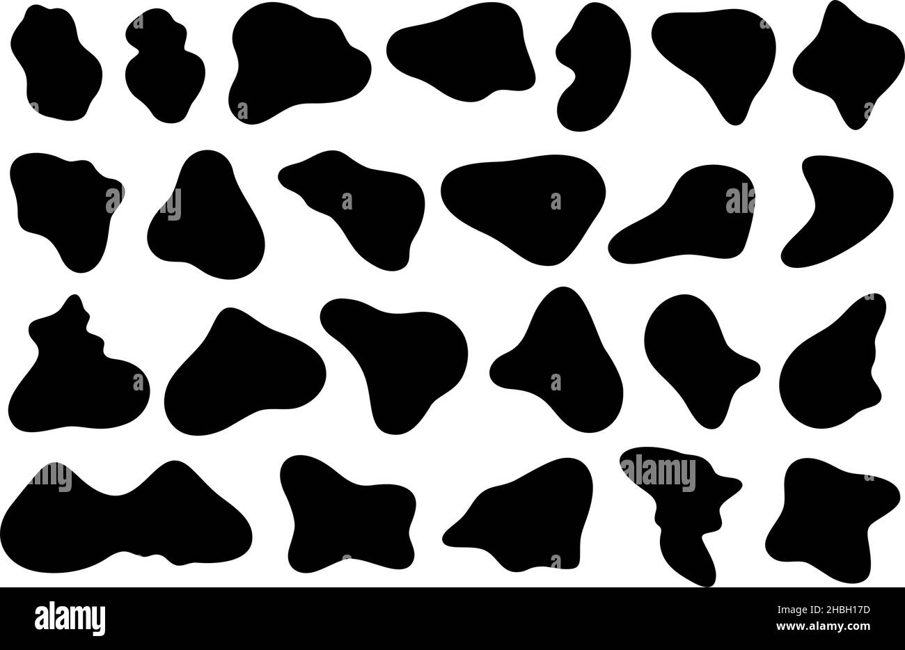Sagome astratte a forma di blob organico nero liquido. Macchie, macchie e macchie di inchiostro semplici. Forme di pietra di ciottoli. Set vettoriale di inkblot fluido casuale Illustrazione Vettoriale