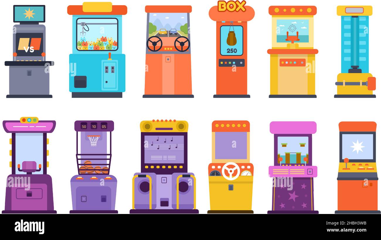 Macchine da gioco arcade piatta e gru giocattolo artiglio grabber. Gioca ai dispositivi elettronici per i bambini. Console di gioco e set di vettori di divertimento carnevale Illustrazione Vettoriale