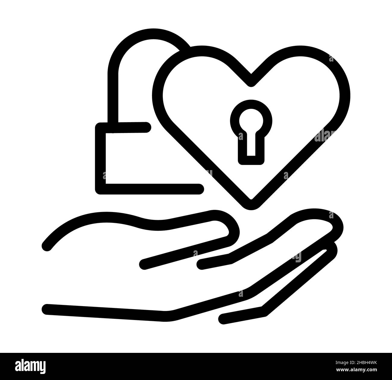 Icona di un lucchetto d'amore nelle mani. Pittogramma a cuore piatto per web. Tratto di linea. Simbolo delle mani semplici isolato su sfondo bianco. Vettore icona contorno eps10 Foto Stock