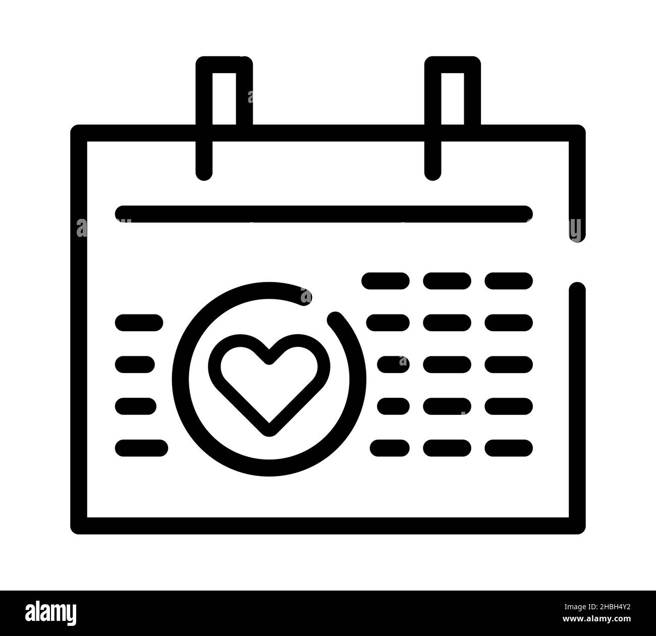 Icona del calendario dell'amore. Pittogramma a cuore piatto per web. Tratto di linea. Simbolo semplice isolato su sfondo bianco. Vettore icona contorno eps10 Foto Stock