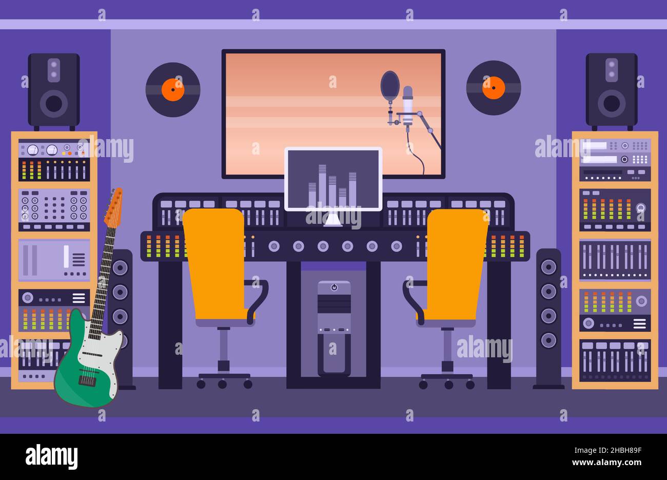 Sala studio di registrazione musicale con altoparlanti, chitarra e pannelli di controllo. Cabina radio per cantante e band. Concetto di vettore di record audio song Illustrazione Vettoriale