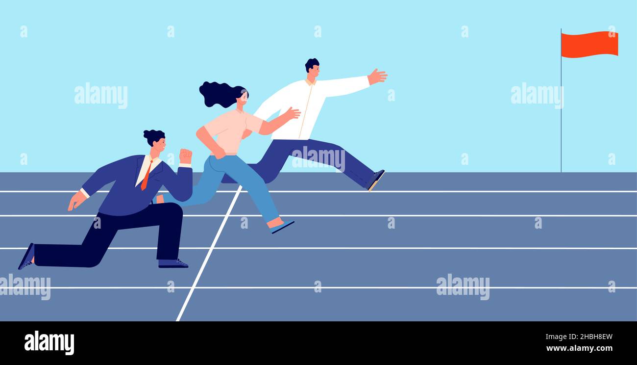Concorrenza di uomini d'affari. L'uomo e la donna che corrono, iniziano a puntare al concetto. Personaggi della concorrenza, scena vettoriale della leadership Illustrazione Vettoriale