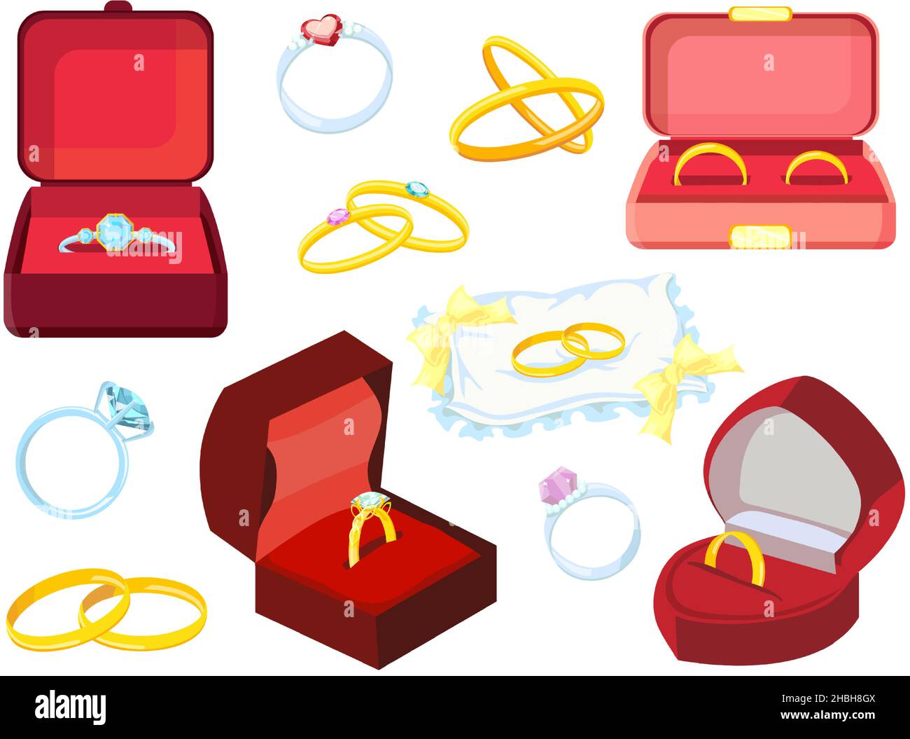Cartone animato matrimonio o anelli di impegno in scatole regalo e su cuscino. Proposta anello di gioielli con diamante. Anelli per la cerimonia di matrimonio vettore set Illustrazione Vettoriale
