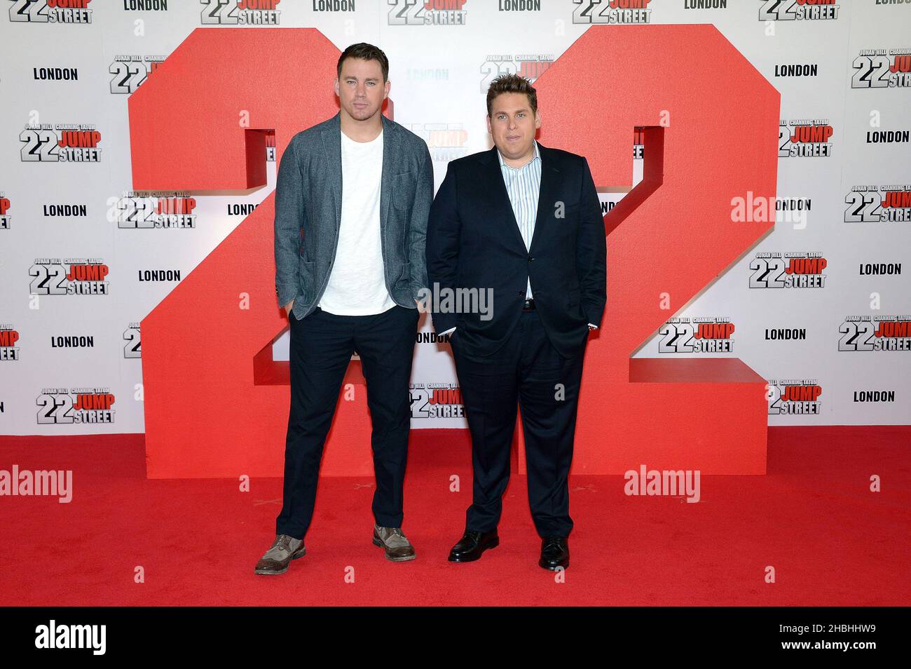 Cast of 22 Jump Street, Channing Tatum e Jonah Hill partecipano al Photocall a Claridges a Londra. Foto Stock