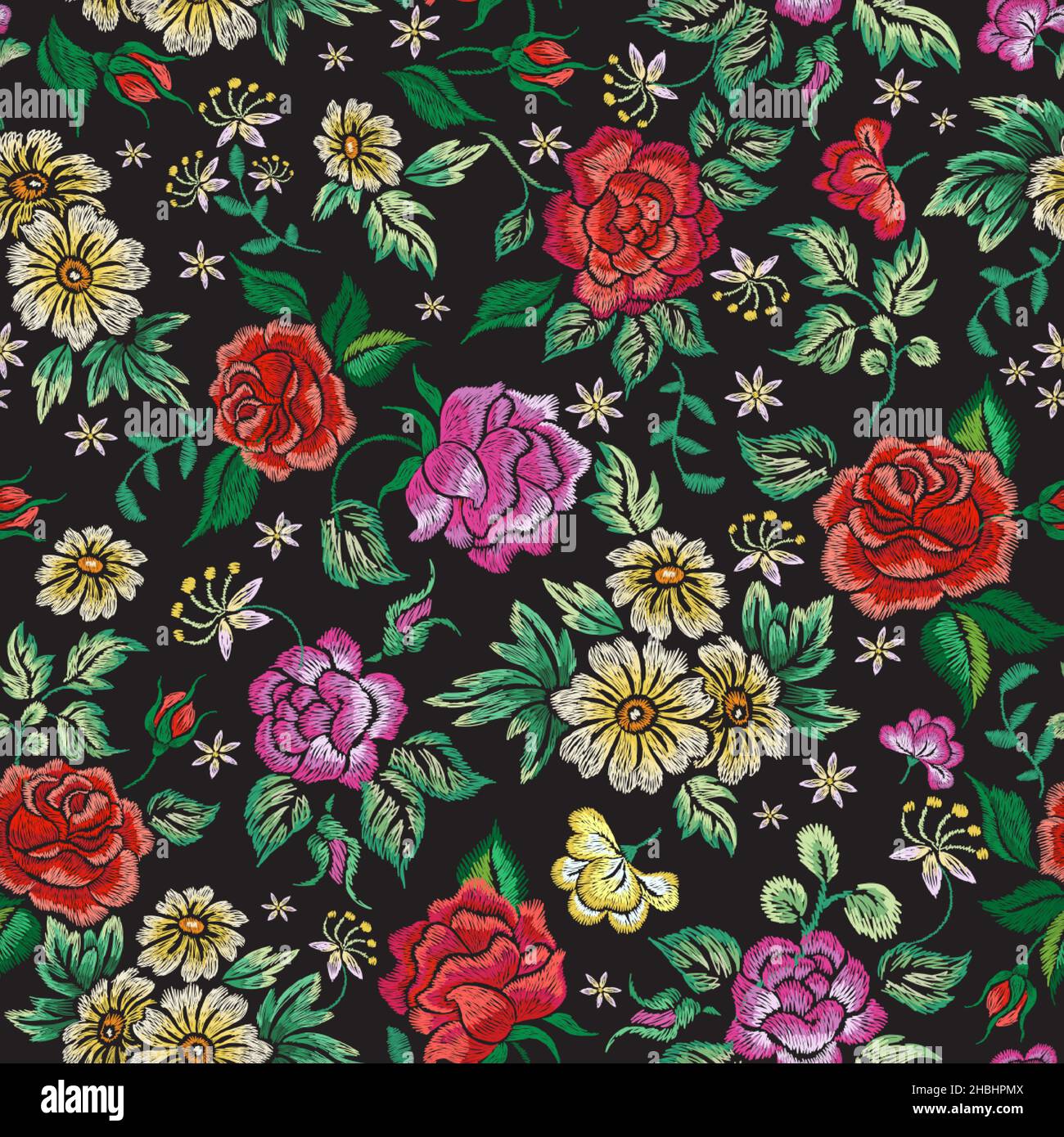 Motivo floreale ricamo. Sfondo ricamato, fiore giardino vintage stampa. Imitazione con cuciture in seta, rose, peonia e margherita vettore oggi senza cuciture Illustrazione Vettoriale