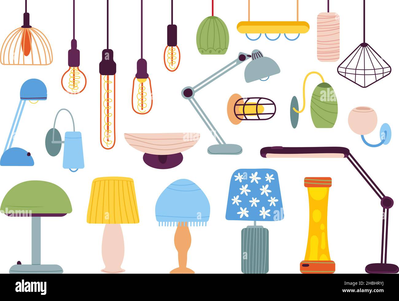 Collezione di lampade per la casa. Lampada interna con paralume e lampadario luminoso contemporaneo. Illuminazione a soffitto cartoon, stand room decor decente vettore Illustrazione Vettoriale