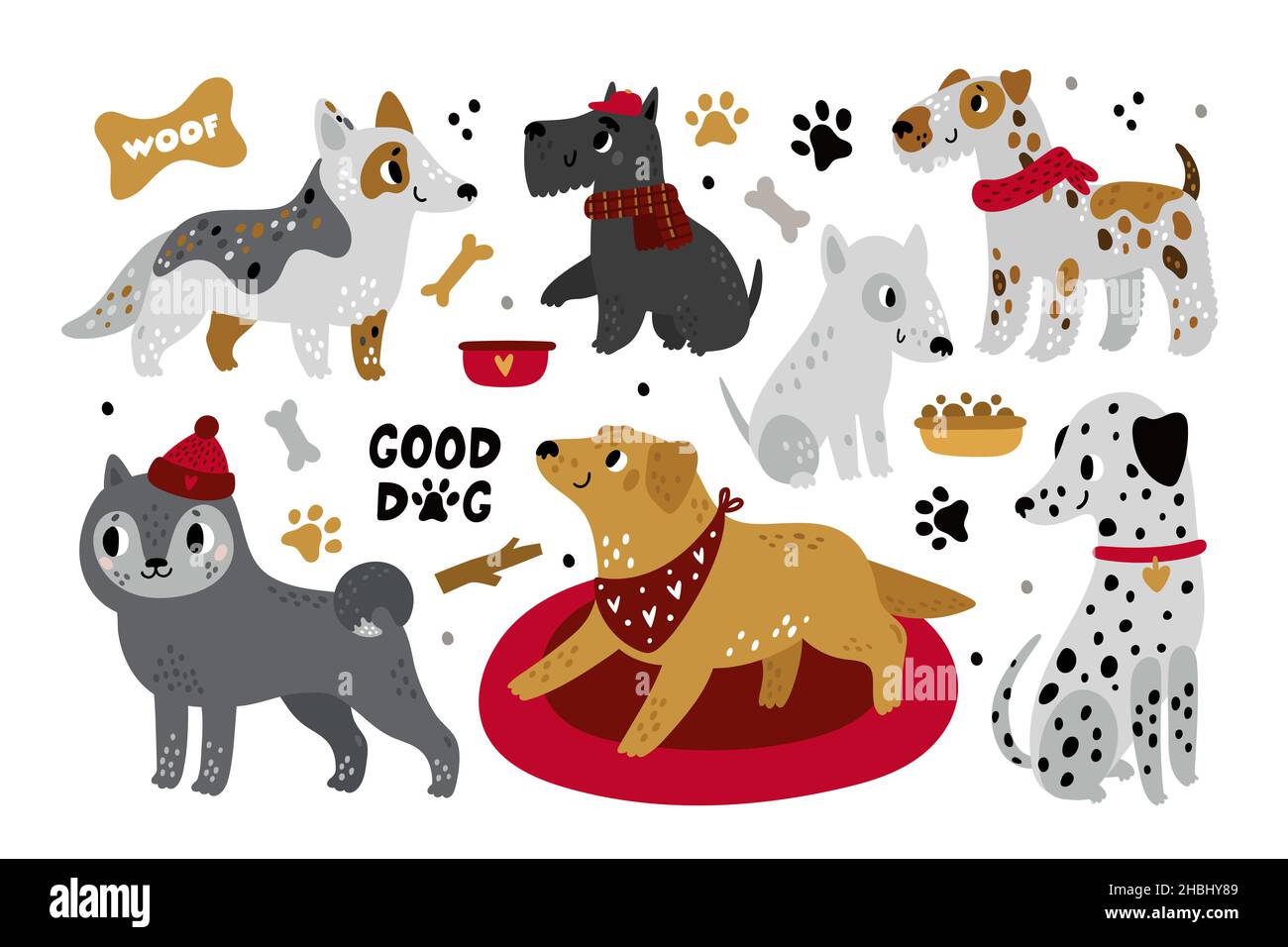 Carino cani da cartoon. Diverse razze animali, personaggi divertenti animali, Happy bull Terrier, corgi, labrador e dalmazia con accessori collari bambini Illustrazione Vettoriale