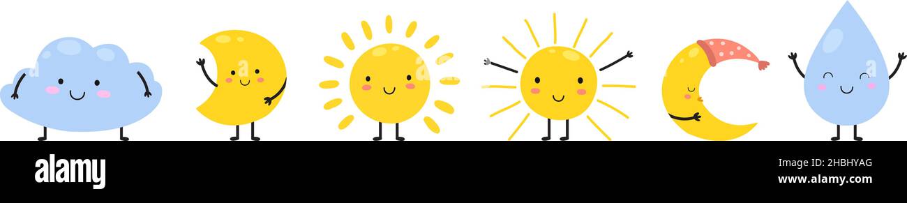 Personaggi del sole. Sole, nuvola e crescente. Luna e cute goccia d'acqua. Elementi meteo cartoni animati piatti, vettore isolato Illustrazione Vettoriale