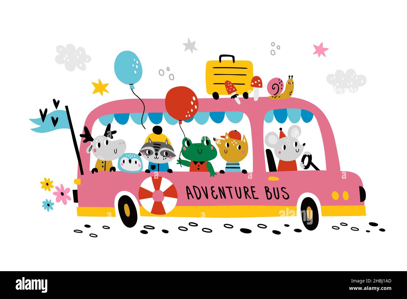 Autobus per animali. Carino creature boschive in grande autobus, piccoli viaggiatori, mouse driver, avventure di amici cartoon, divertente giro. Vettore arredamento stanza dei bambini Illustrazione Vettoriale