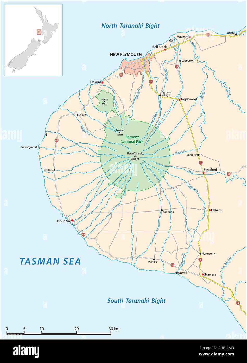 Cartina stradale della penisola di Taranaki, Nuova Zelanda Illustrazione Vettoriale