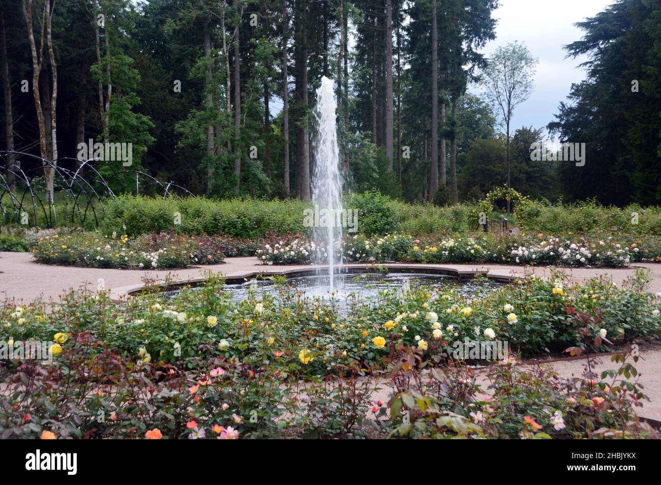 La fontana nel Centro del Giardino delle Rose a Lowther Castle, Lake District National Park, Cumbria, Inghilterra, Regno Unito. Foto Stock