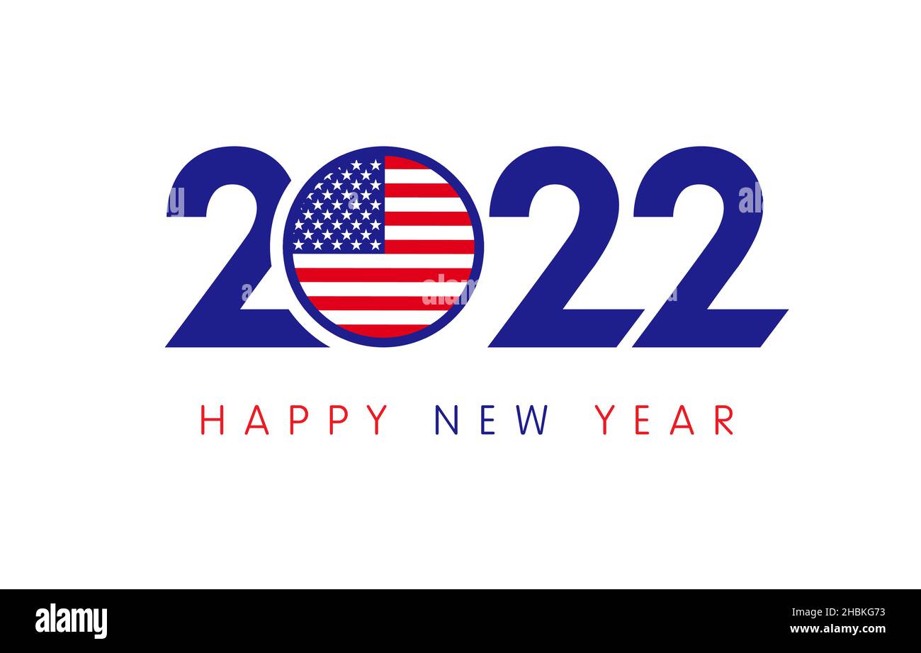 2022 Happy New Year USA logo testo design. Illustrazione vettoriale con numeri e bandiera Stati Uniti d'America Illustrazione Vettoriale