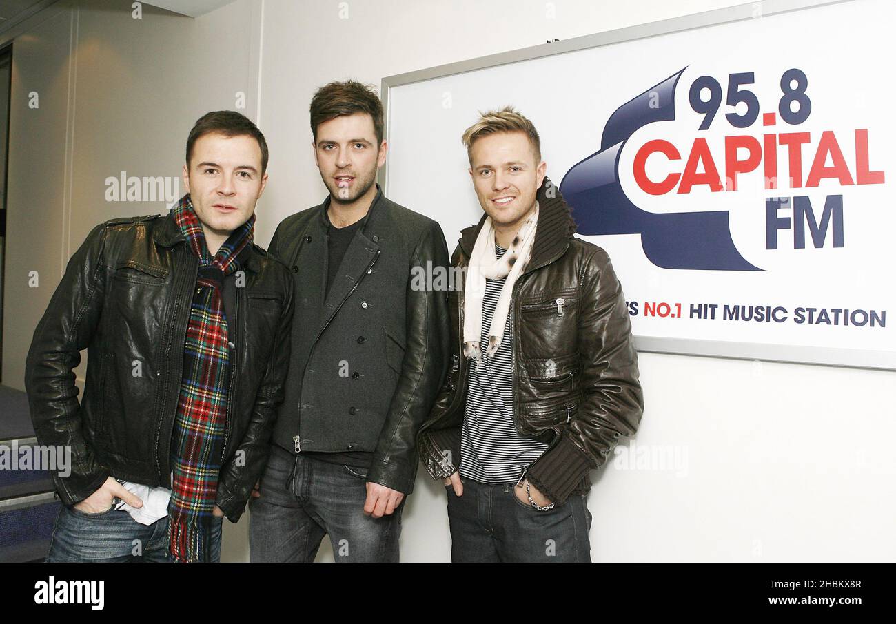 Shane Filan, Mark Feehily e Nicky Byrne di Westlife al 95,8 Capital FM radio, Londra. Foto Stock