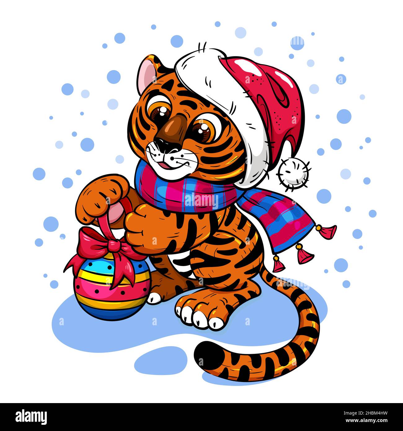 Cartoon Tiger a Santa Hat con palla di Natale Illustrazione Vettoriale