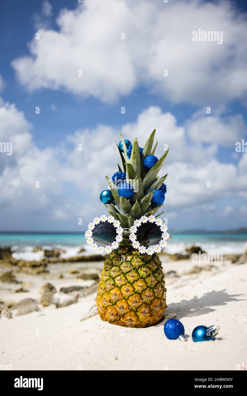 Ananas con occhiali da sole decorati con palle blu di Natale si erge sulla spiaggia. Foto Stock