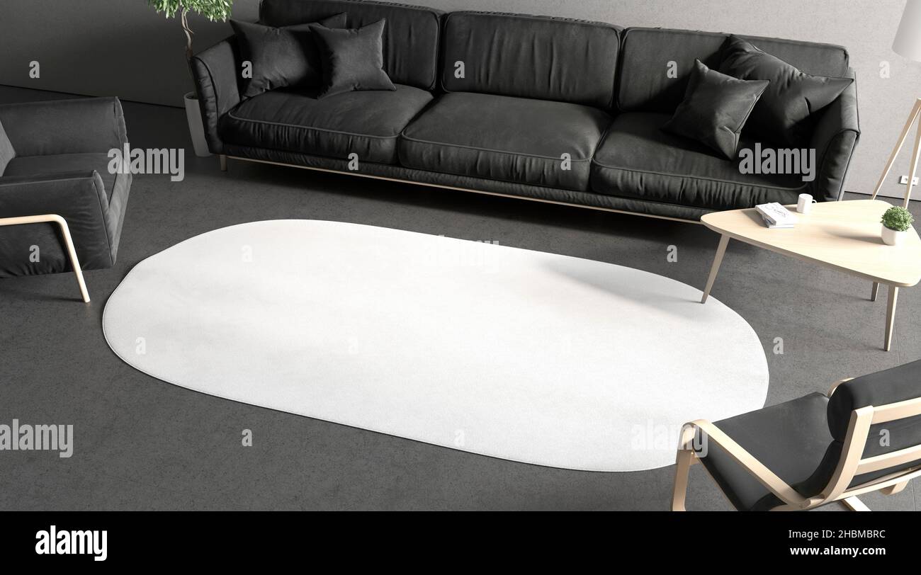 Tappeto bianco bianco ovale per interni in camera mockup, vista laterale, rendering 3D. Tappetino vuoto con angoli arrotondati per la simulazione della superficie del pavimento. Telo per piedi in tessuto trasparente m Foto Stock