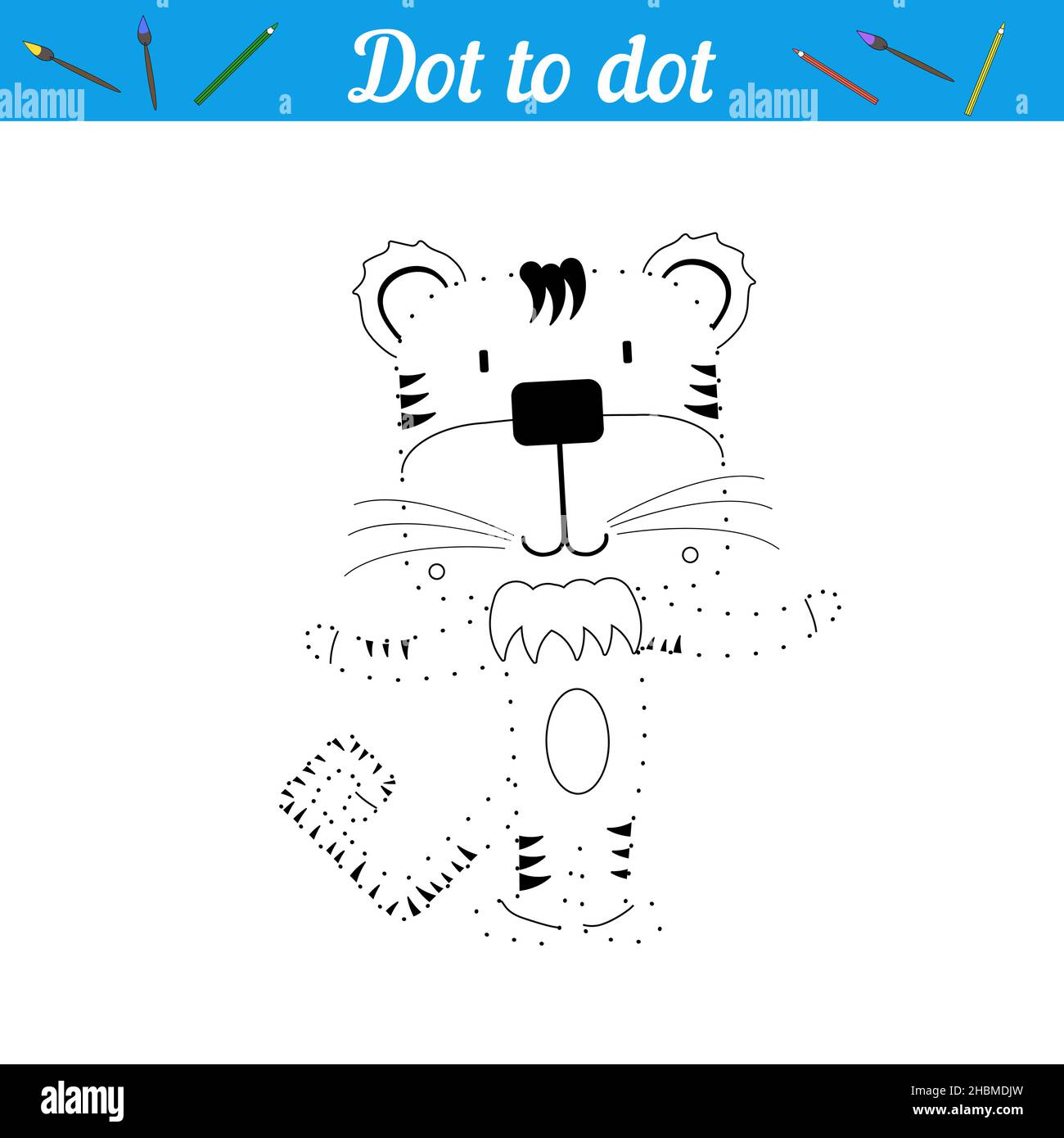 Disegnare una tigre, collegare i punti. Cartoni animati per giochi educativi per bambini. Libro da colorare, selvaggina con animale selvatico. Puzzle educativo per Illustrazione Vettoriale