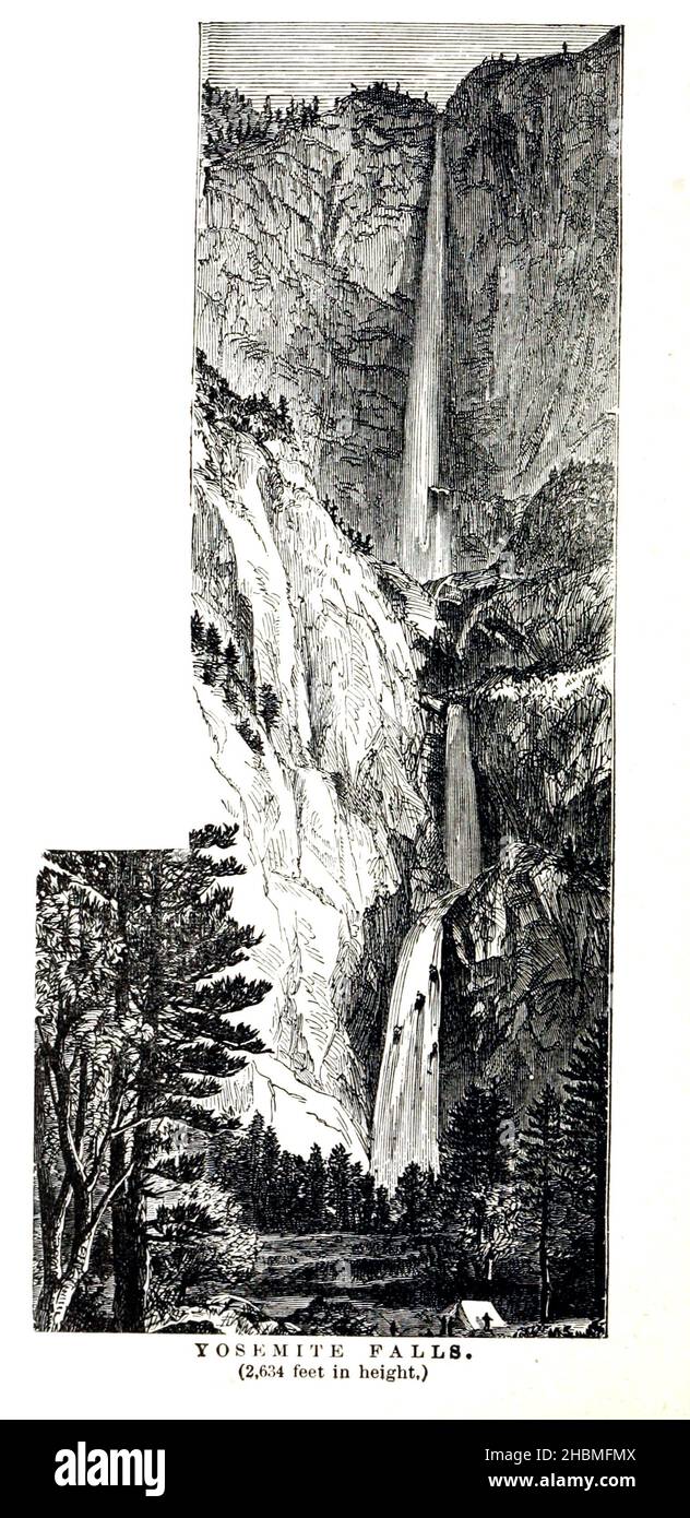 Yosemite Falls (2.634 piedi di altezza) 1880 dal libro ' Discovery of the Yosemite, e la guerra indiana del 1851, che ha portato a quell'evento ' di Lafayette Houghton Bunnell, 1824-1903 pubblicato New York, Chicago, F.H. Società Revell 1892. Lafayette Houghton Bunnell (1824-1903) fu un membro del Battaglione Mariposa che divenne i scopritori bianchi della Yosemite Valley nel 1851 quando si recarono alla ricerca di leader tribali nativi americani coinvolti in recenti incursioni sugli insediamenti americani. Il Dr. Bunnell in seguito servì come chirurgo nella Guerra civile. Scoperta dello Yosemite, e la guerra indiana del 185 Foto Stock