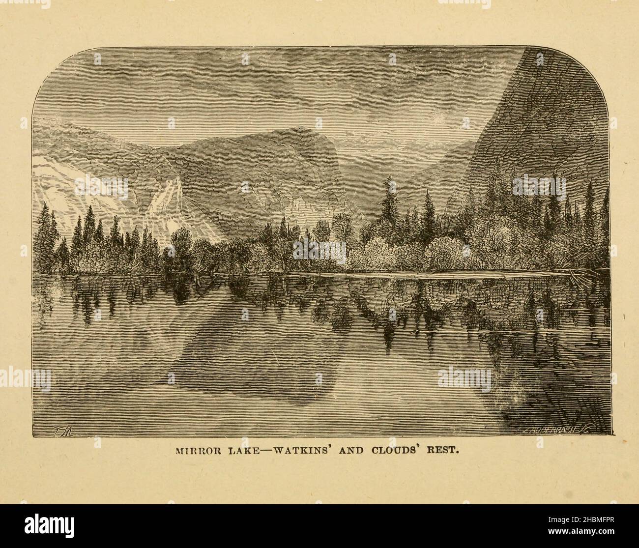 Mirror Lake - Watkins and Clouds Rest 1880 dal libro ' Discovery of the Yosemite, and the Indian war of 1851, which ported to that event ' di Lafayette Houghton Bunnell, 1824-1903 pubblicato New York, Chicago, F.H. Società Revell 1892. Lafayette Houghton Bunnell (1824-1903) fu un membro del Battaglione Mariposa che divenne i scopritori bianchi della Yosemite Valley nel 1851 quando si recarono alla ricerca di leader tribali nativi americani coinvolti in recenti incursioni sugli insediamenti americani. Il Dr. Bunnell in seguito servì come chirurgo nella Guerra civile. Scoperta dello Yosemite, e la guerra indiana del 185 Foto Stock