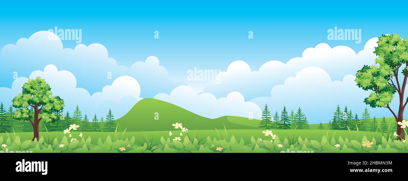 Paesaggio panoramico illustrazione cartoon, banner naturale, bellissimo paesaggio rurale, panorama estivo, altipiani verdi, strada e lago Illustrazione Vettoriale