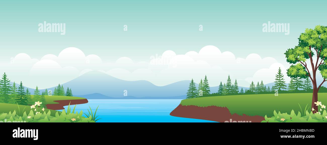 Paesaggio panoramico illustrazione cartoon, banner naturale, bellissimo paesaggio rurale, panorama estivo, altipiani verdi, strada e lago Illustrazione Vettoriale