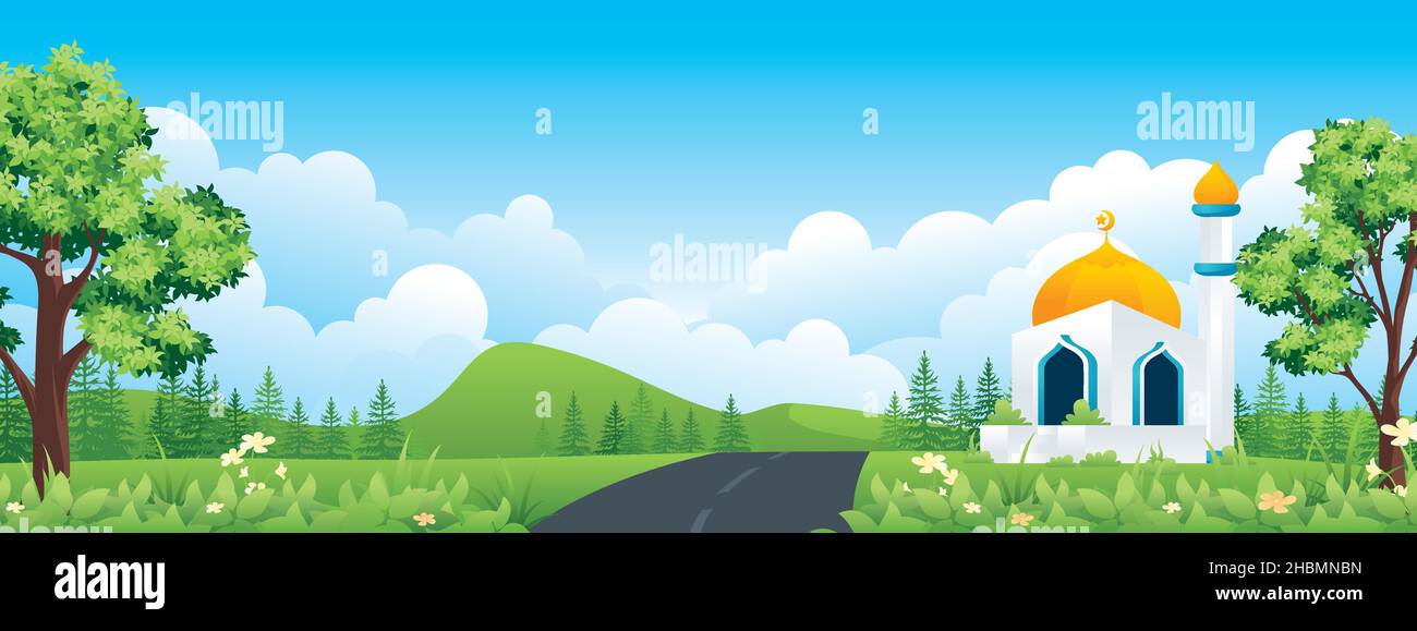 Illustrazione del paesaggio panoramico islamico, bandiera naturale Ramadan Mubarak, moschea con un bellissimo paesaggio rurale. Illustrazione Vettoriale