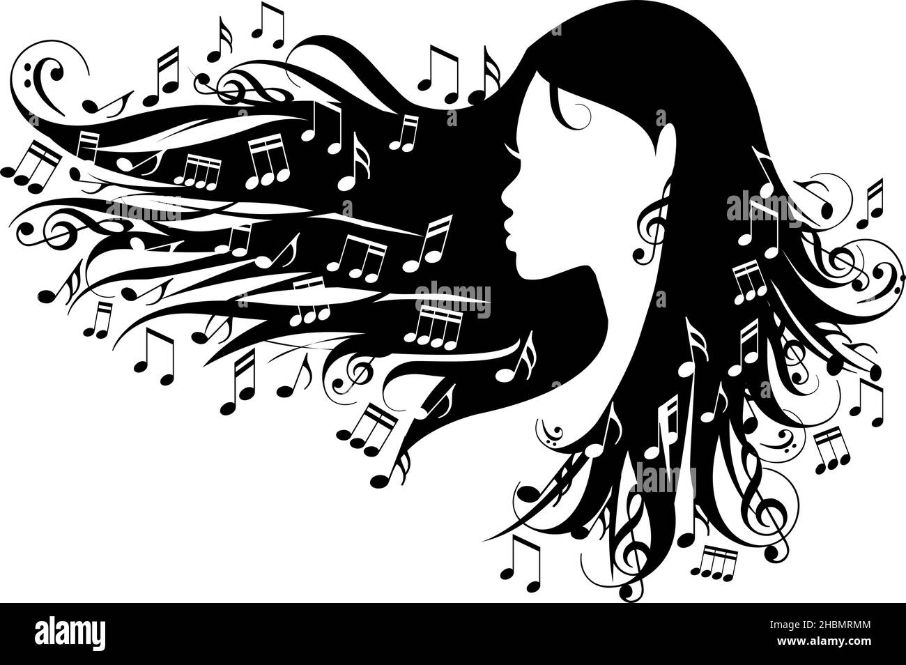 Bella donna nera con note musicali nei suoi capelli lunghi, illustrazione vettoriale su sfondo bianco Illustrazione Vettoriale