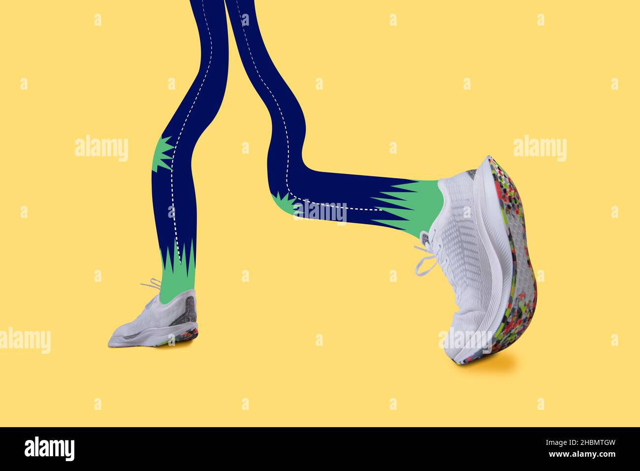 Opere d'arte contemporanea. Gambe femminili disegnate indossando sneakers, sneaker che girano isolate su sfondo giallo neon. Foto Stock