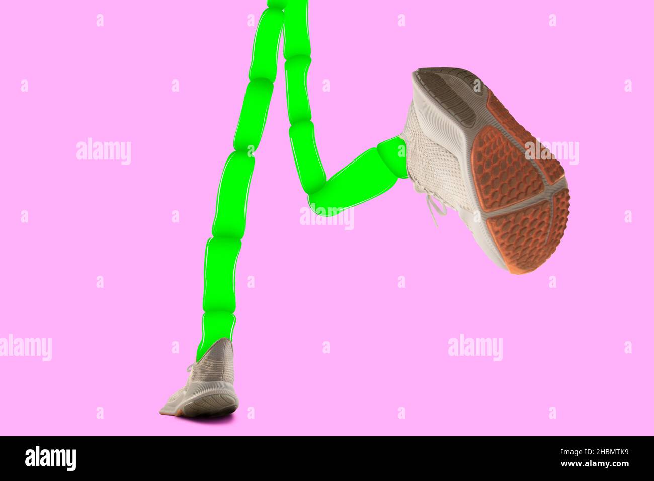 Opere d'arte contemporanea. Gambe disegnate come steli di piante che indossano sneakers, sneaker che corrono via isolato su sfondo rosa neon colore sfondo. Foto Stock