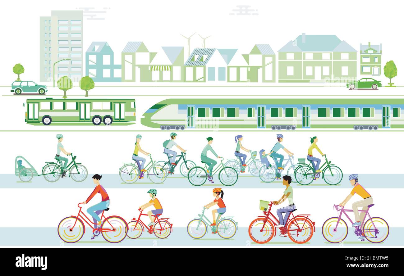 Trasporto in treno, bicicletta e autobus, trasporto pubblico Illustrazione Vettoriale